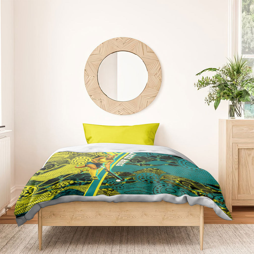 Custom Hockeyroos Kangaroo Field Hockey Bedding Set Aboriginal Pattern Green Gold Dynamic Athlete Design