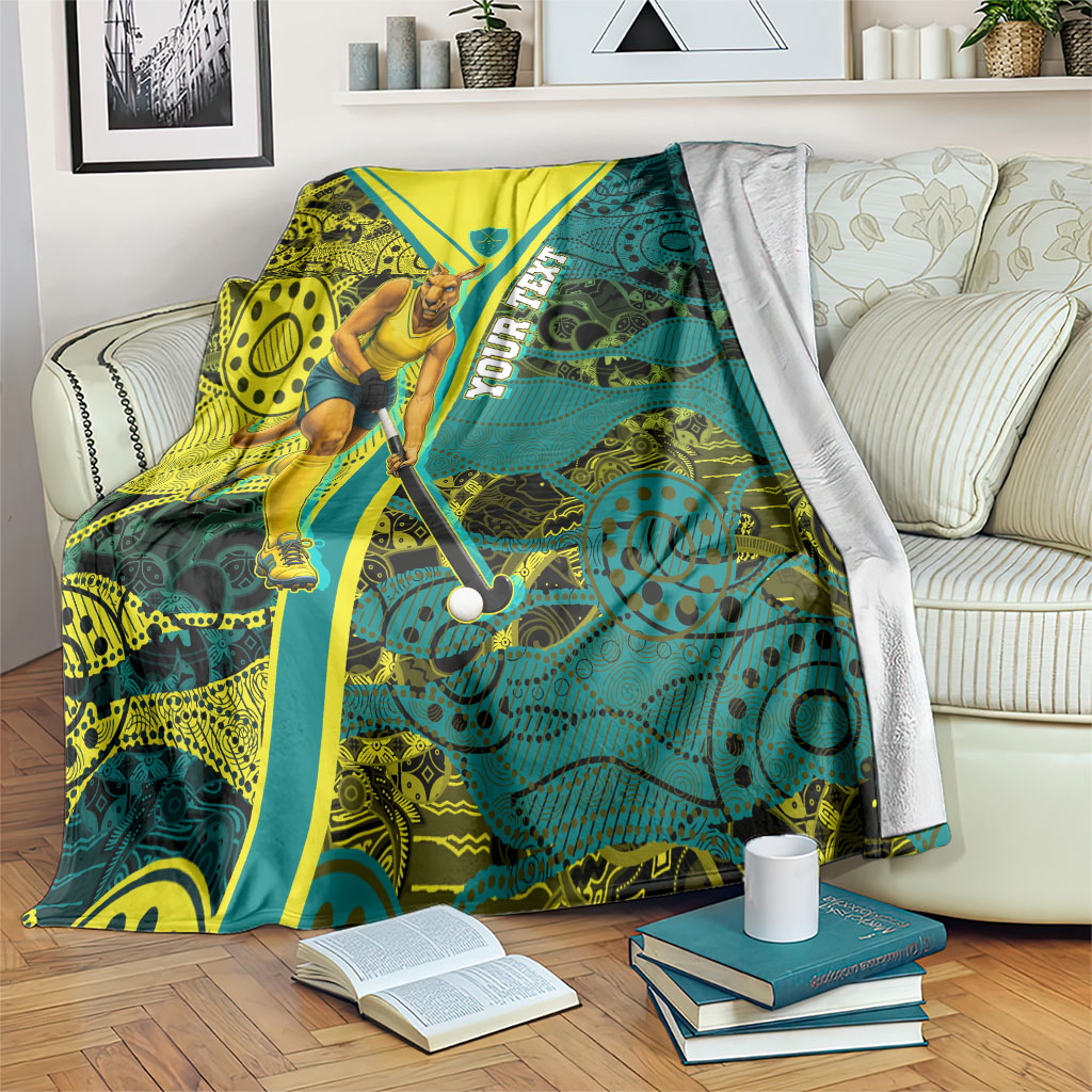 Custom Hockeyroos Kangaroo Field Hockey Blanket Aboriginal Pattern Green Gold Dynamic Athlete Design