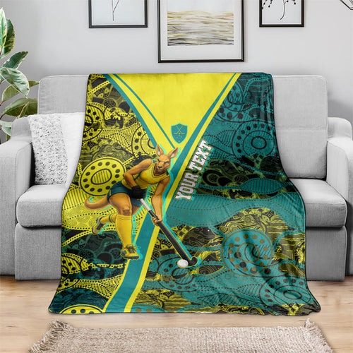 Custom Hockeyroos Kangaroo Field Hockey Blanket Aboriginal Pattern Green Gold Dynamic Athlete Design