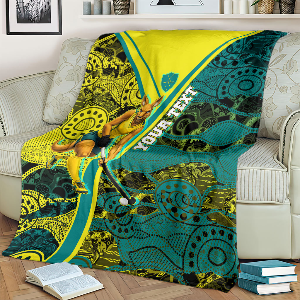 Custom Hockeyroos Kangaroo Field Hockey Blanket Aboriginal Pattern Green Gold Dynamic Athlete Design