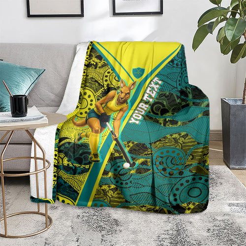 Custom Hockeyroos Kangaroo Field Hockey Blanket Aboriginal Pattern Green Gold Dynamic Athlete Design