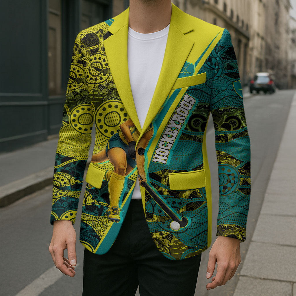 Custom Hockeyroos Kangaroo Field Hockey Blazer Aboriginal Pattern Green Gold Dynamic Athlete Design