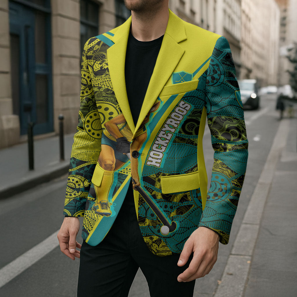 Custom Hockeyroos Kangaroo Field Hockey Blazer Aboriginal Pattern Green Gold Dynamic Athlete Design