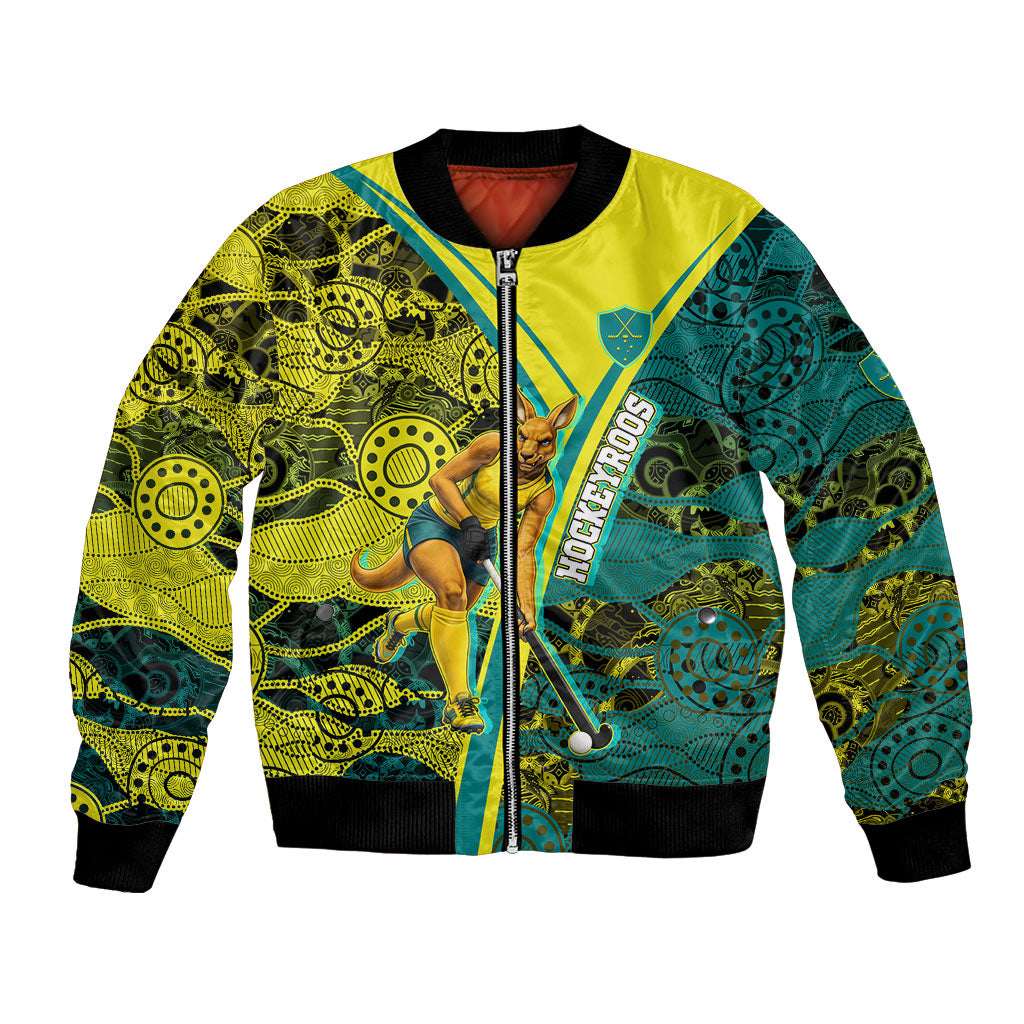Custom Hockeyroos Kangaroo Field Hockey Bomber Jacket Aboriginal Pattern Green Gold Dynamic Athlete Design