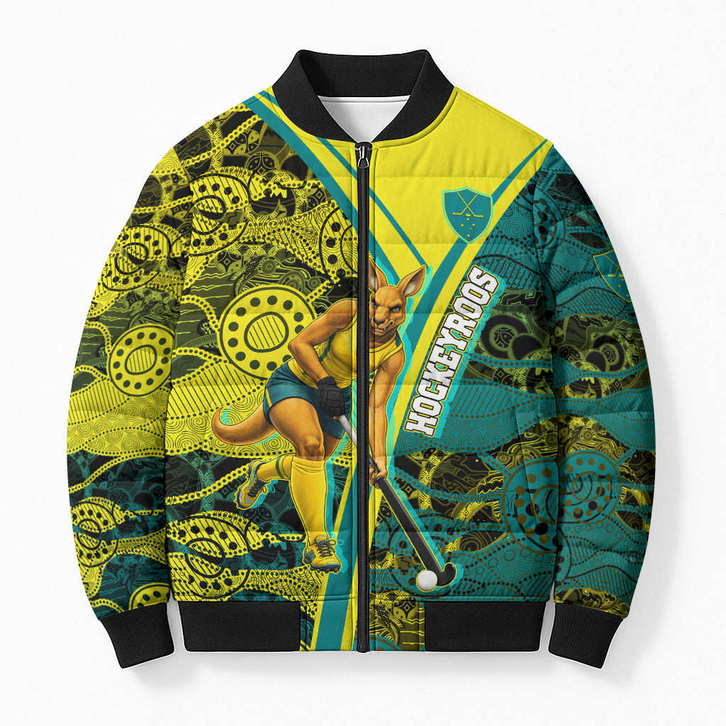 Custom Hockeyroos Kangaroo Field Hockey Bomber Puffer Jacket Aboriginal Pattern Green Gold Dynamic Athlete Design