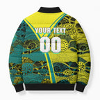 Custom Hockeyroos Kangaroo Field Hockey Bomber Puffer Jacket Aboriginal Pattern Green Gold Dynamic Athlete Design