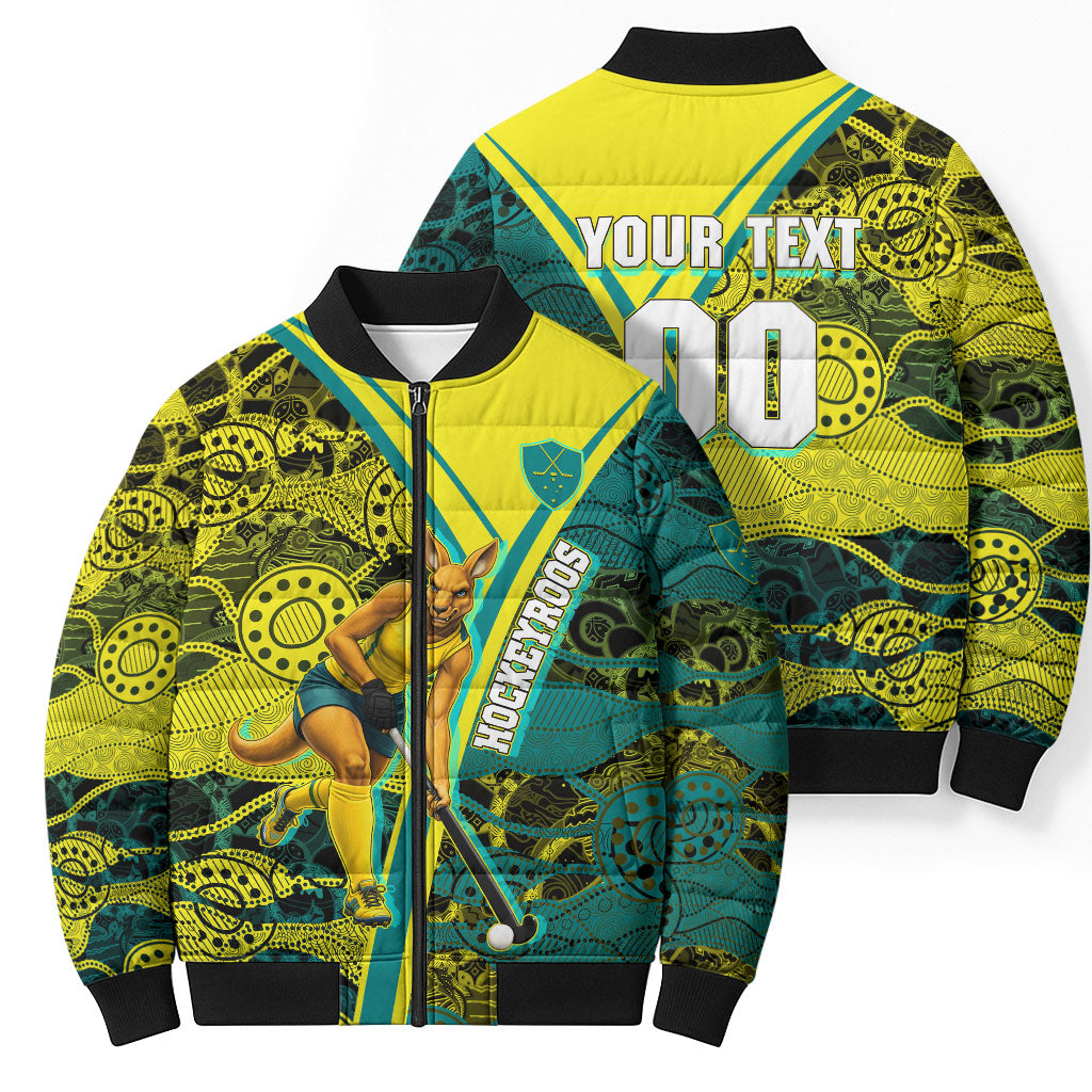 Custom Hockeyroos Kangaroo Field Hockey Bomber Puffer Jacket Aboriginal Pattern Green Gold Dynamic Athlete Design