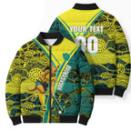 Custom Hockeyroos Kangaroo Field Hockey Bomber Puffer Jacket Aboriginal Pattern Green Gold Dynamic Athlete Design