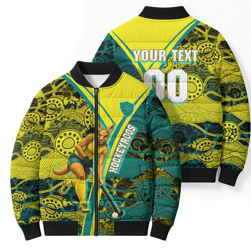 Custom Hockeyroos Kangaroo Field Hockey Bomber Puffer Jacket Aboriginal Pattern Green Gold Dynamic Athlete Design