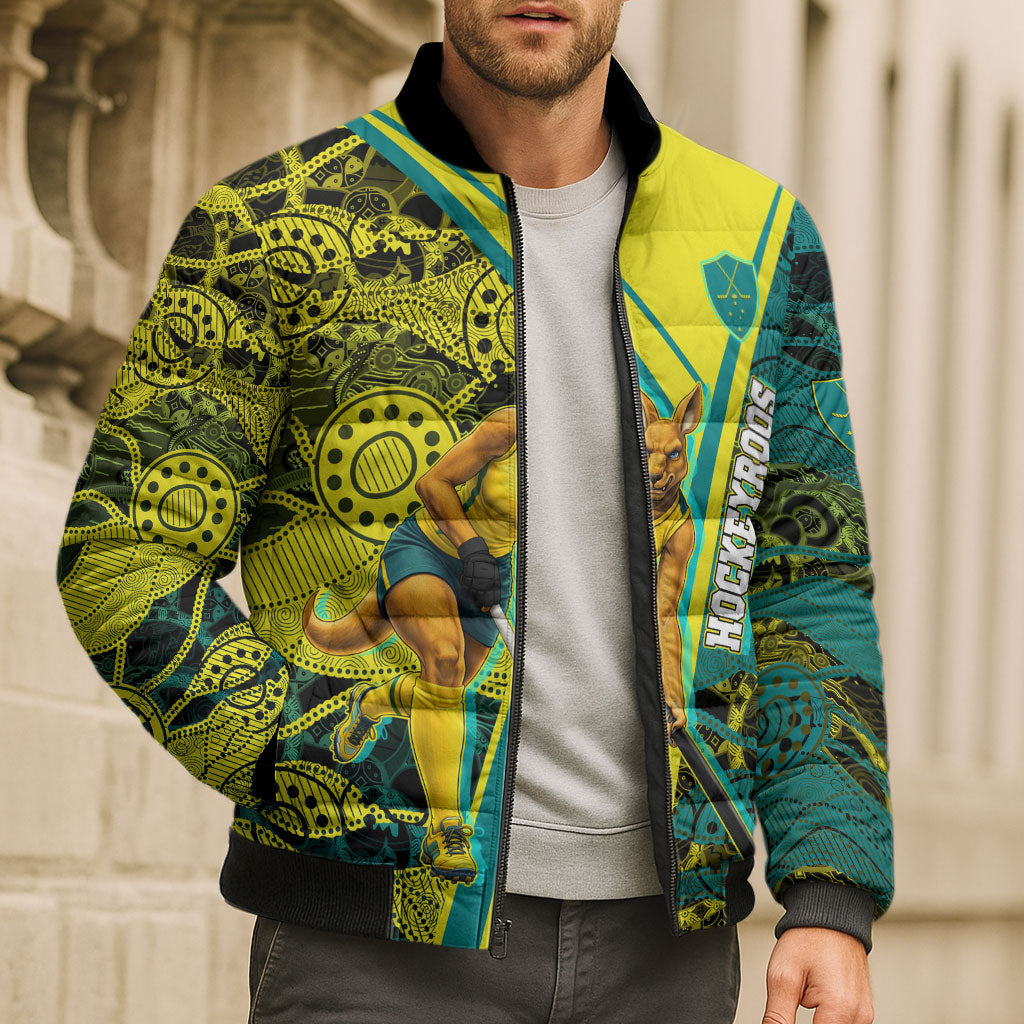 Custom Hockeyroos Kangaroo Field Hockey Bomber Puffer Jacket Aboriginal Pattern Green Gold Dynamic Athlete Design