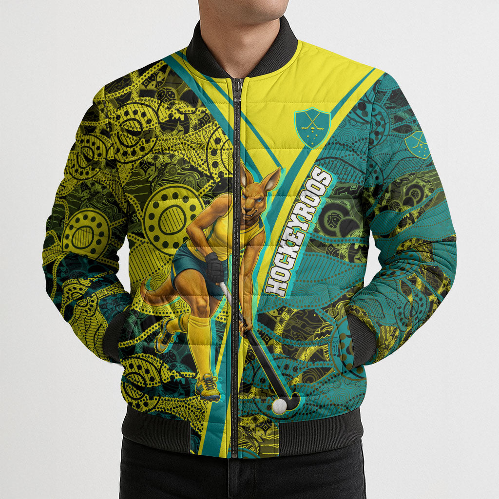 Custom Hockeyroos Kangaroo Field Hockey Bomber Puffer Jacket Aboriginal Pattern Green Gold Dynamic Athlete Design