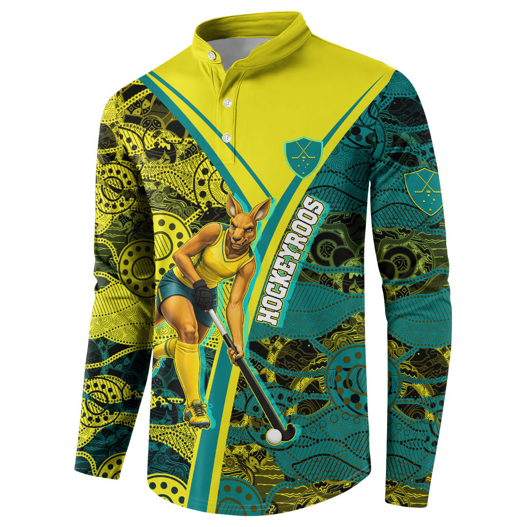 Custom Hockeyroos Kangaroo Field Hockey Button Sweatshirt Aboriginal Pattern Green Gold Dynamic Athlete Design