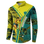 Custom Hockeyroos Kangaroo Field Hockey Button Sweatshirt Aboriginal Pattern Green Gold Dynamic Athlete Design