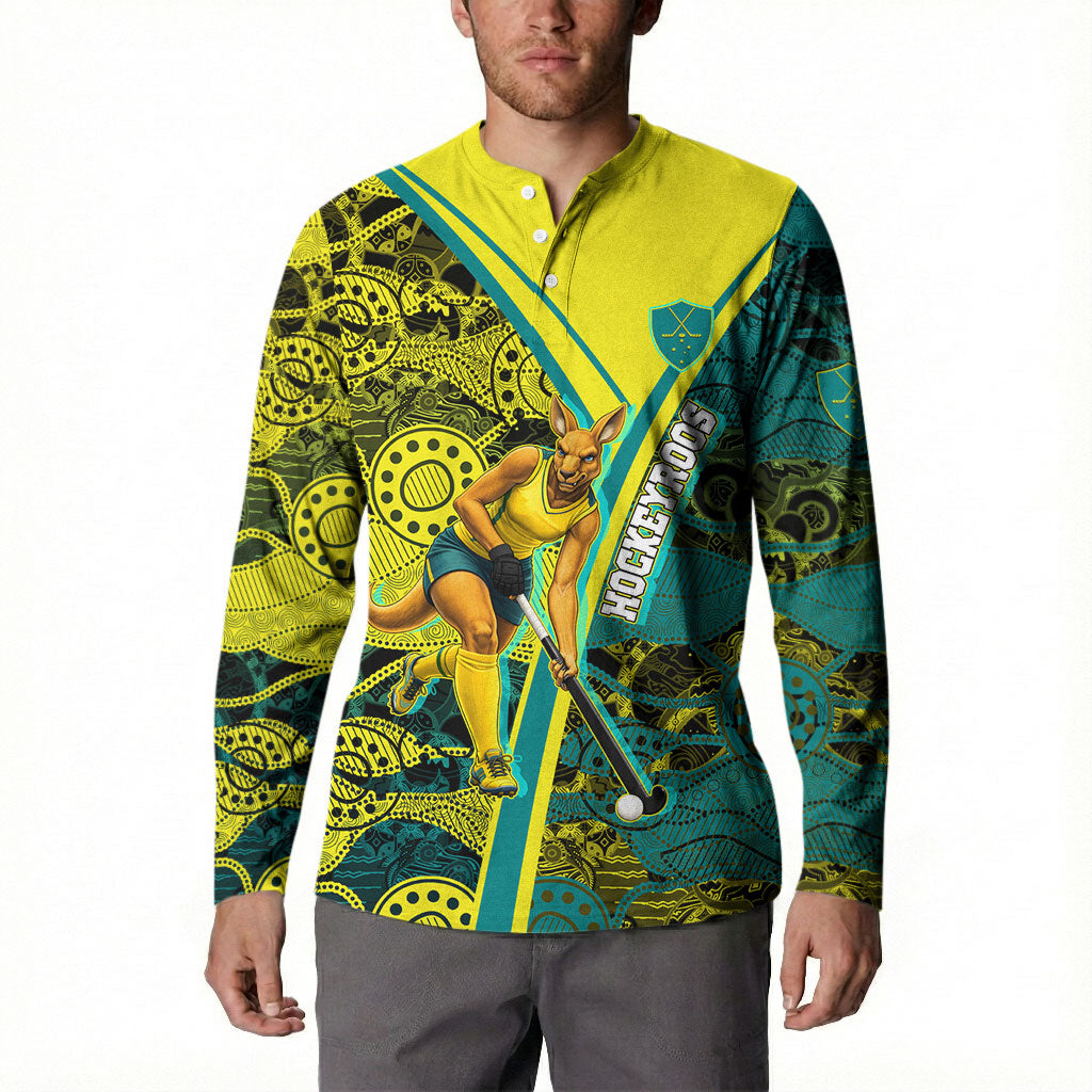 Custom Hockeyroos Kangaroo Field Hockey Button Sweatshirt Aboriginal Pattern Green Gold Dynamic Athlete Design