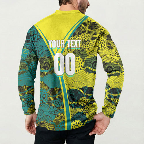 Custom Hockeyroos Kangaroo Field Hockey Button Sweatshirt Aboriginal Pattern Green Gold Dynamic Athlete Design
