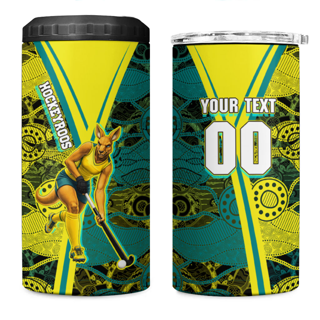 Custom Hockeyroos Kangaroo Field Hockey 4 in 1 Can Cooler Tumbler Aboriginal Pattern Green Gold Dynamic Athlete Design