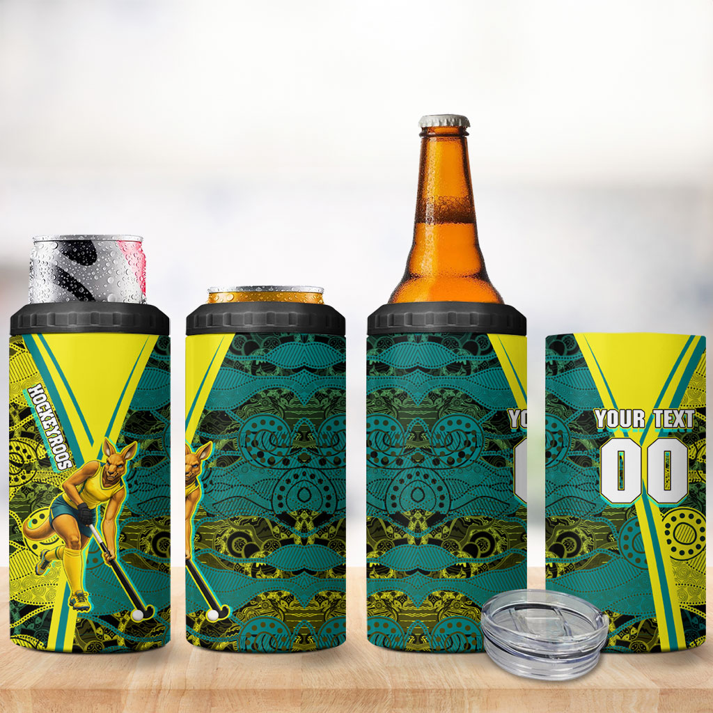 Custom Hockeyroos Kangaroo Field Hockey 4 in 1 Can Cooler Tumbler Aboriginal Pattern Green Gold Dynamic Athlete Design