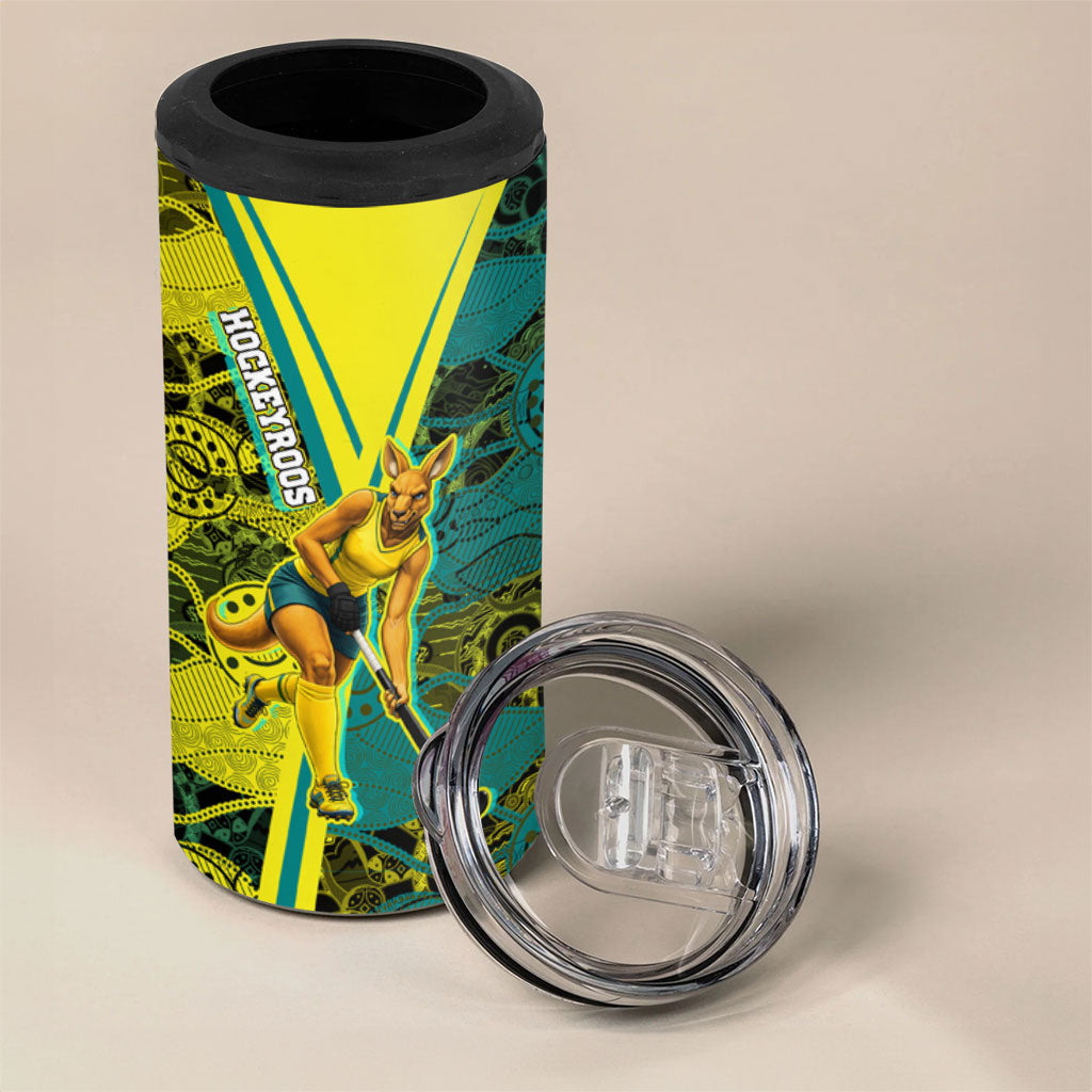Custom Hockeyroos Kangaroo Field Hockey 4 in 1 Can Cooler Tumbler Aboriginal Pattern Green Gold Dynamic Athlete Design