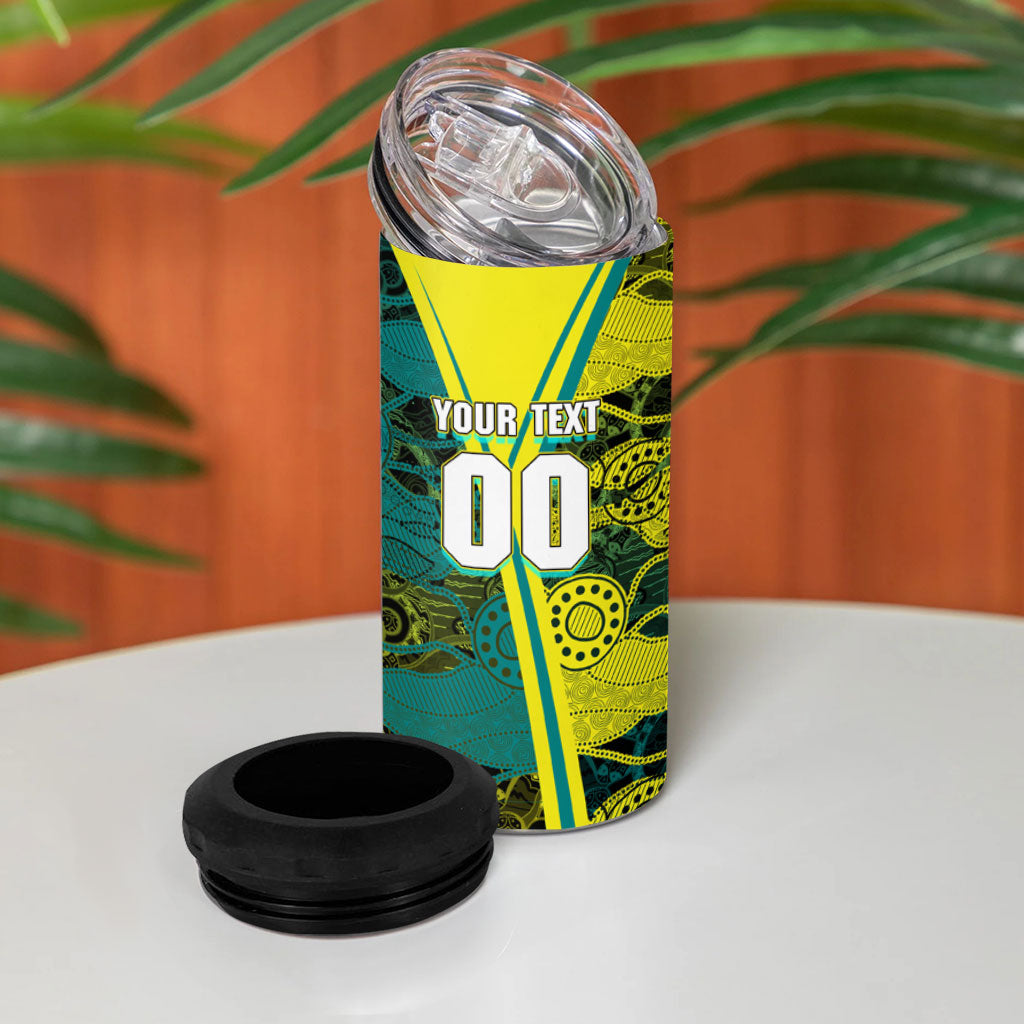 Custom Hockeyroos Kangaroo Field Hockey 4 in 1 Can Cooler Tumbler Aboriginal Pattern Green Gold Dynamic Athlete Design