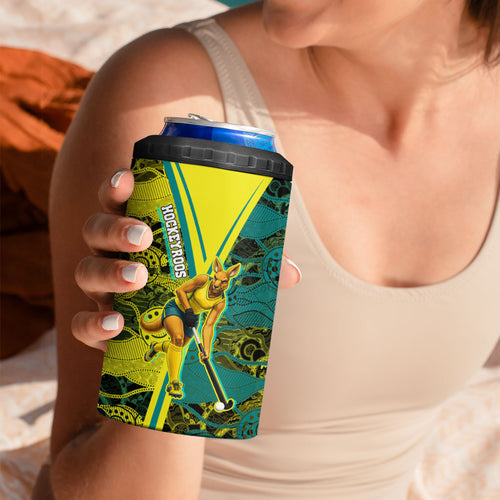 Custom Hockeyroos Kangaroo Field Hockey 4 in 1 Can Cooler Tumbler Aboriginal Pattern Green Gold Dynamic Athlete Design