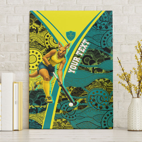 Custom Hockeyroos Kangaroo Field Hockey Canvas Wall Art Aboriginal Pattern Green Gold Dynamic Athlete Design