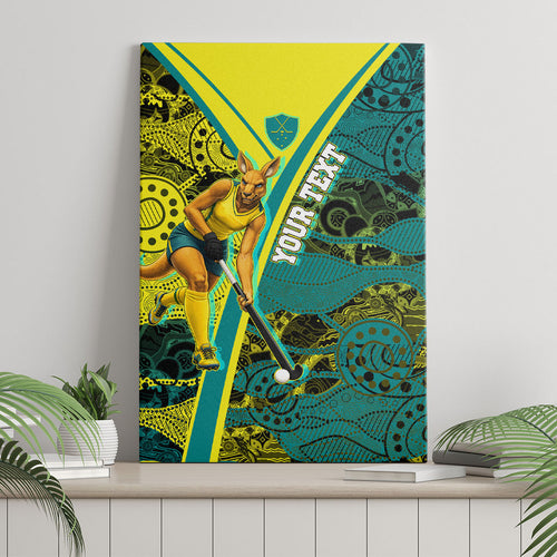 Custom Hockeyroos Kangaroo Field Hockey Canvas Wall Art Aboriginal Pattern Green Gold Dynamic Athlete Design