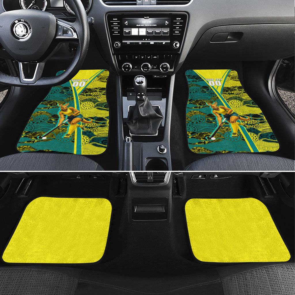 Custom Hockeyroos Kangaroo Field Hockey Car Mats Aboriginal Pattern Green Gold Dynamic Athlete Design