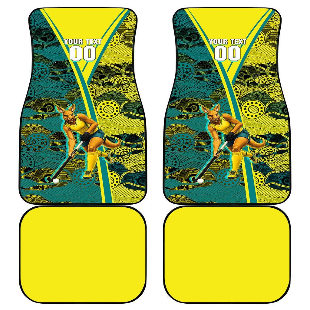 Custom Hockeyroos Kangaroo Field Hockey Car Mats Aboriginal Pattern Green Gold Dynamic Athlete Design