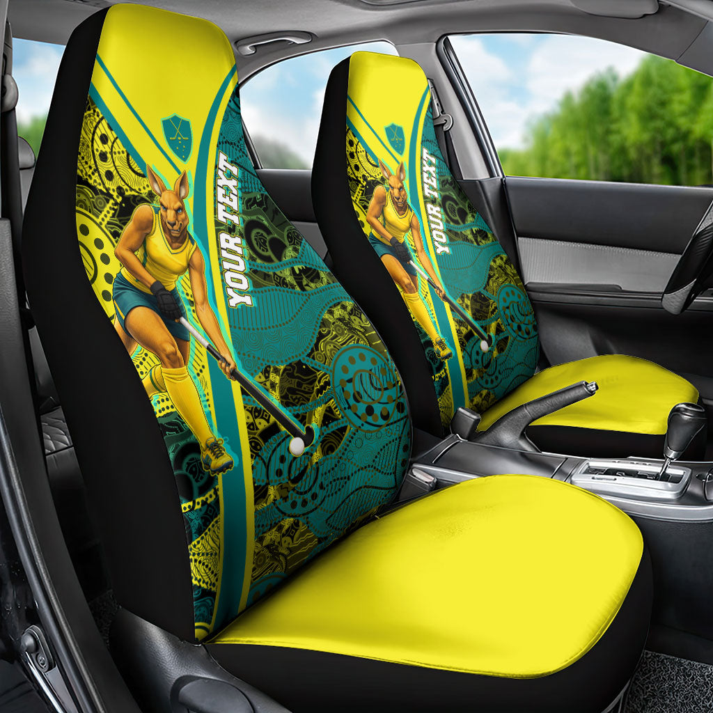 Custom Hockeyroos Kangaroo Field Hockey Car Seat Cover Aboriginal Pattern Green Gold Dynamic Athlete Design
