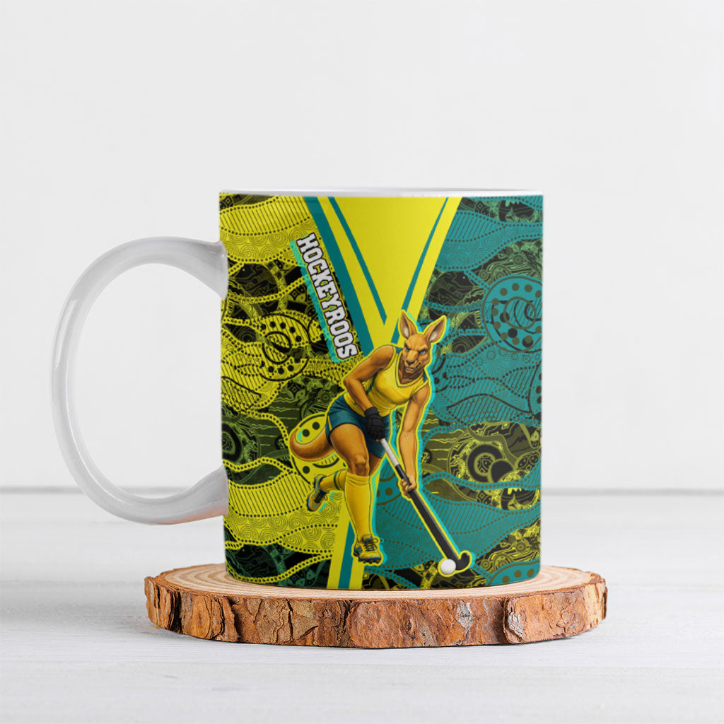 Custom Hockeyroos Kangaroo Field Hockey Ceramic Mug Aboriginal Pattern Green Gold Dynamic Athlete Design