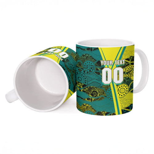 Custom Hockeyroos Kangaroo Field Hockey Ceramic Mug Aboriginal Pattern Green Gold Dynamic Athlete Design