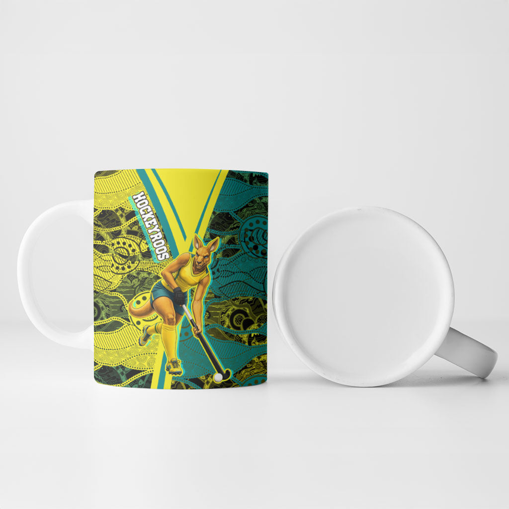 Custom Hockeyroos Kangaroo Field Hockey Ceramic Mug Aboriginal Pattern Green Gold Dynamic Athlete Design