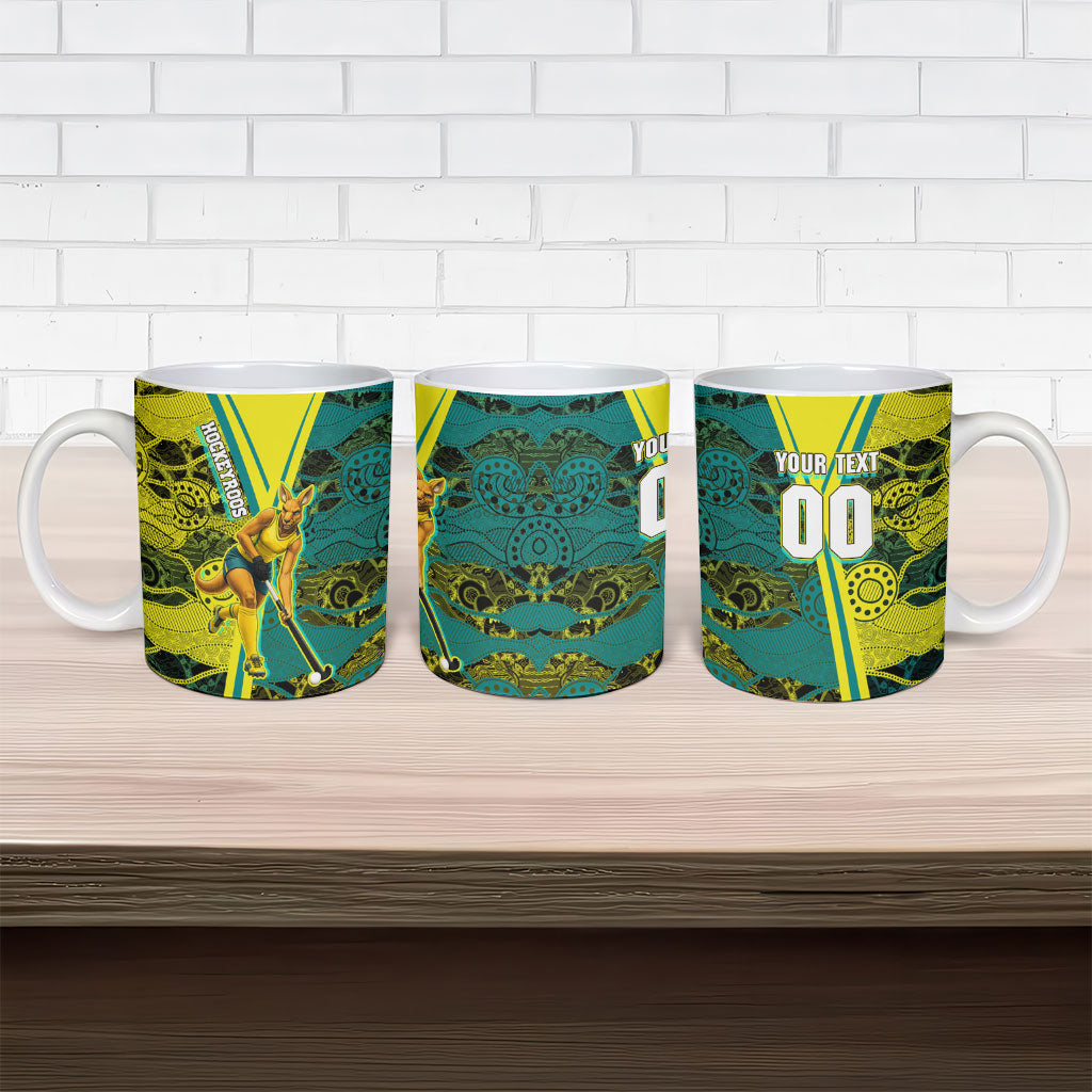 Custom Hockeyroos Kangaroo Field Hockey Ceramic Mug Aboriginal Pattern Green Gold Dynamic Athlete Design