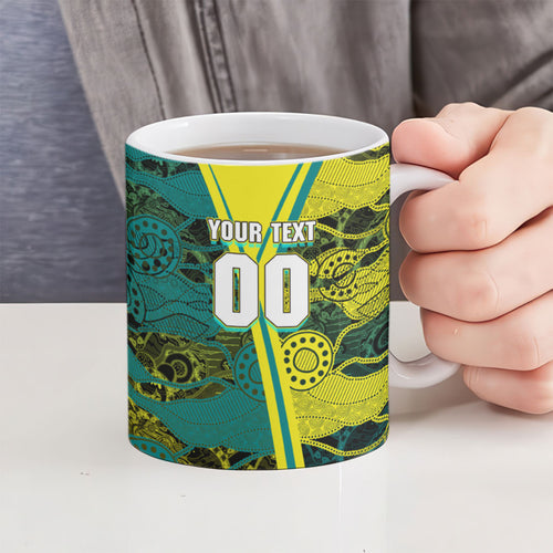 Custom Hockeyroos Kangaroo Field Hockey Ceramic Mug Aboriginal Pattern Green Gold Dynamic Athlete Design