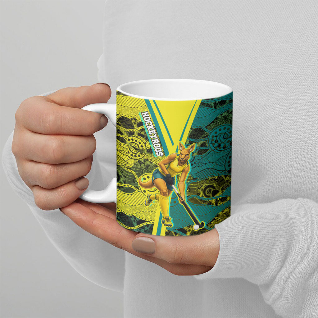 Custom Hockeyroos Kangaroo Field Hockey Ceramic Mug Aboriginal Pattern Green Gold Dynamic Athlete Design
