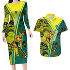 Custom Hockeyroos Kangaroo Field Hockey Couples Matching Long Sleeve Bodycon Dress and Hawaiian Shirt Aboriginal Pattern Green Gold Dynamic Athlete Design