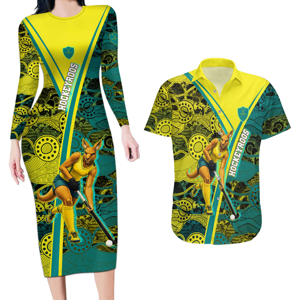 Custom Hockeyroos Kangaroo Field Hockey Couples Matching Long Sleeve Bodycon Dress and Hawaiian Shirt Aboriginal Pattern Green Gold Dynamic Athlete Design