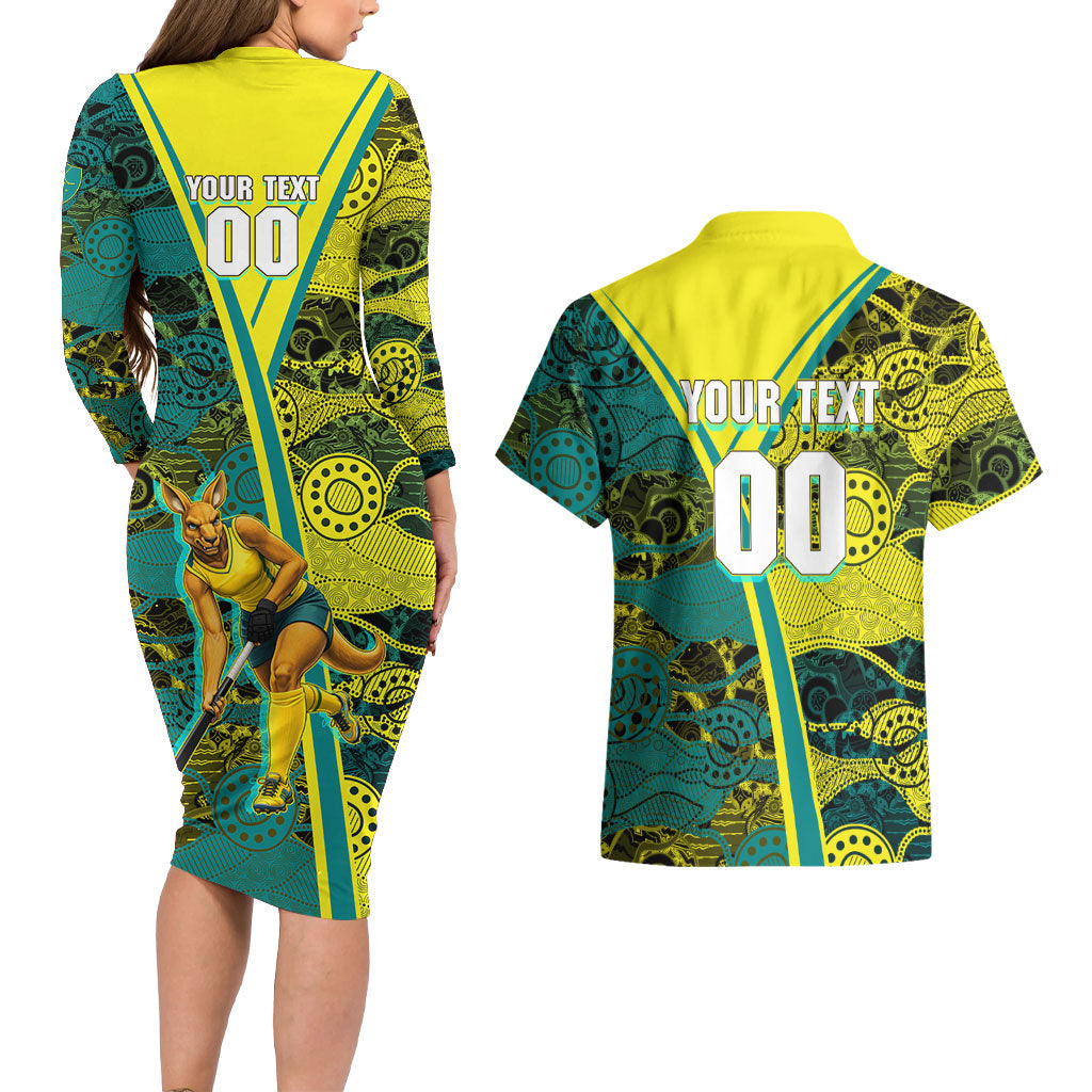Custom Hockeyroos Kangaroo Field Hockey Couples Matching Long Sleeve Bodycon Dress and Hawaiian Shirt Aboriginal Pattern Green Gold Dynamic Athlete Design