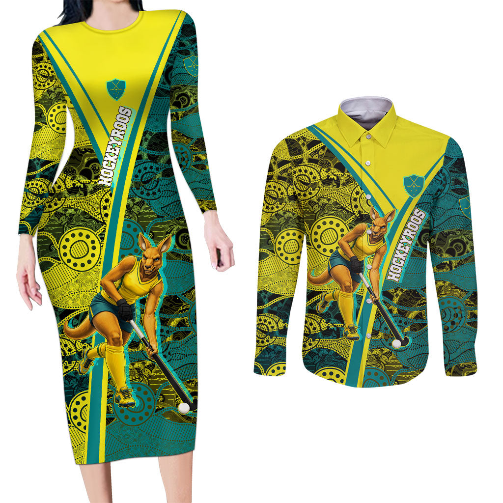 Custom Hockeyroos Kangaroo Field Hockey Couples Matching Long Sleeve Bodycon Dress and Long Sleeve Button Shirt Aboriginal Pattern Green Gold Dynamic Athlete Design