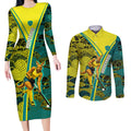 Custom Hockeyroos Kangaroo Field Hockey Couples Matching Long Sleeve Bodycon Dress and Long Sleeve Button Shirt Aboriginal Pattern Green Gold Dynamic Athlete Design