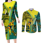 Custom Hockeyroos Kangaroo Field Hockey Couples Matching Long Sleeve Bodycon Dress and Long Sleeve Button Shirt Aboriginal Pattern Green Gold Dynamic Athlete Design