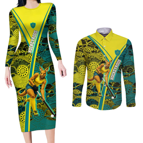 Custom Hockeyroos Kangaroo Field Hockey Couples Matching Long Sleeve Bodycon Dress and Long Sleeve Button Shirt Aboriginal Pattern Green Gold Dynamic Athlete Design