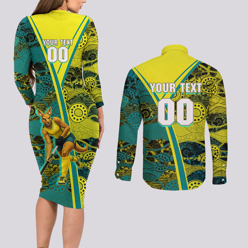 Custom Hockeyroos Kangaroo Field Hockey Couples Matching Long Sleeve Bodycon Dress and Long Sleeve Button Shirt Aboriginal Pattern Green Gold Dynamic Athlete Design