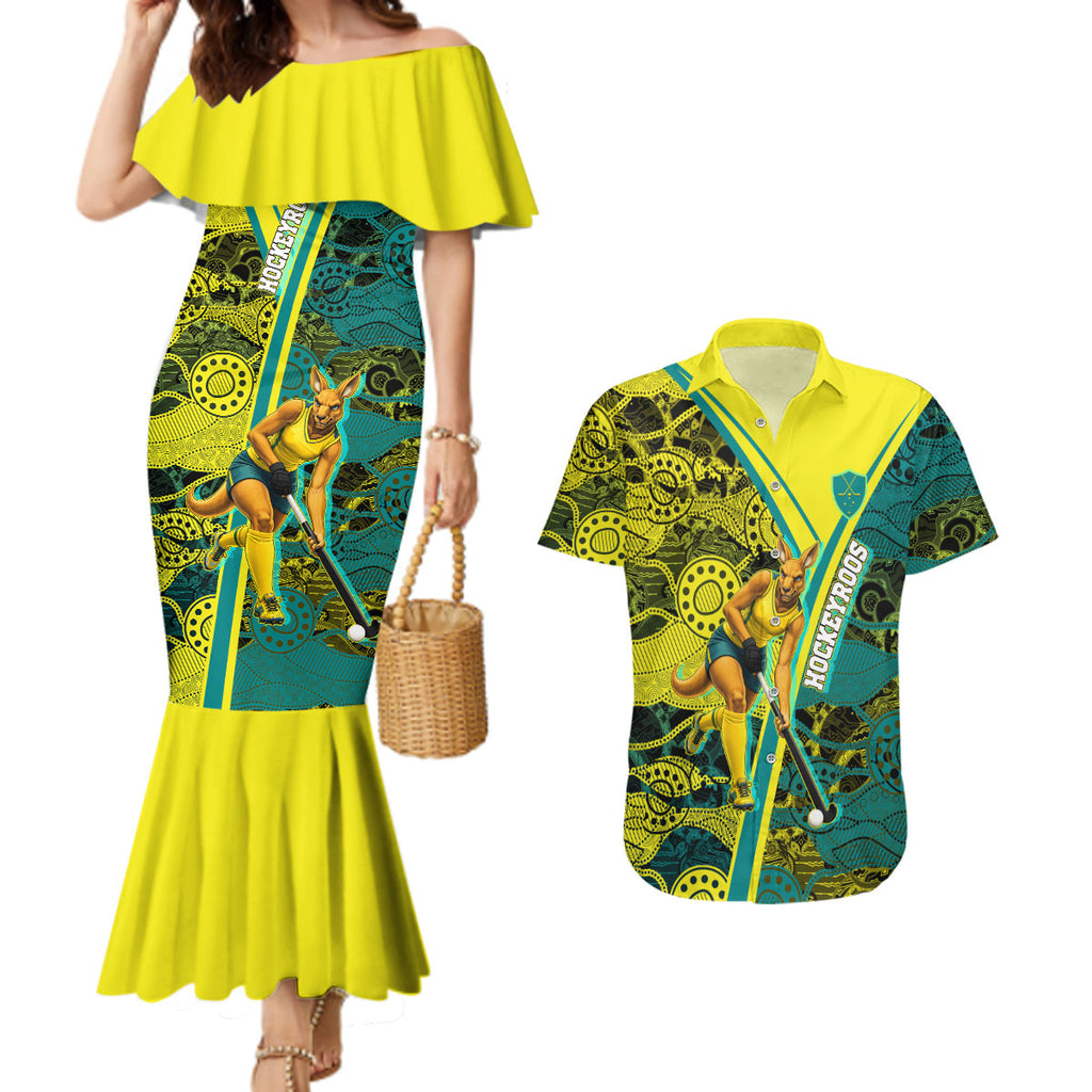 Custom Hockeyroos Kangaroo Field Hockey Couples Matching Mermaid Dress and Hawaiian Shirt Aboriginal Pattern Green Gold Dynamic Athlete Design