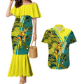 Custom Hockeyroos Kangaroo Field Hockey Couples Matching Mermaid Dress and Hawaiian Shirt Aboriginal Pattern Green Gold Dynamic Athlete Design