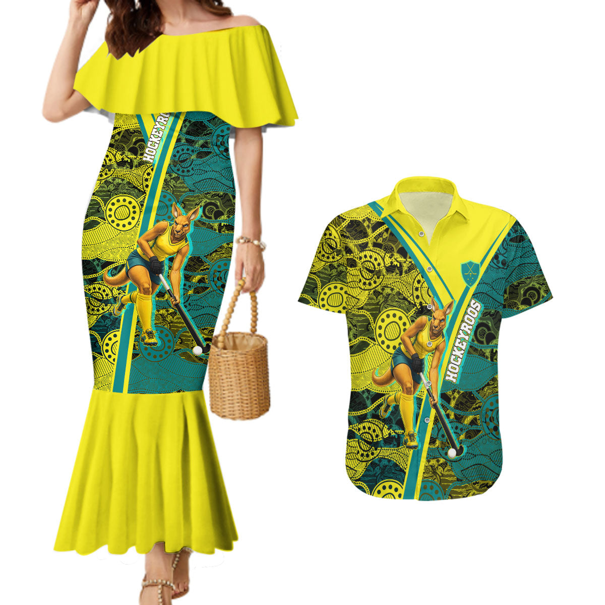 Custom Hockeyroos Kangaroo Field Hockey Couples Matching Mermaid Dress and Hawaiian Shirt Aboriginal Pattern Green Gold Dynamic Athlete Design