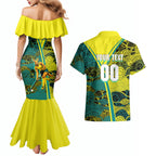 Custom Hockeyroos Kangaroo Field Hockey Couples Matching Mermaid Dress and Hawaiian Shirt Aboriginal Pattern Green Gold Dynamic Athlete Design