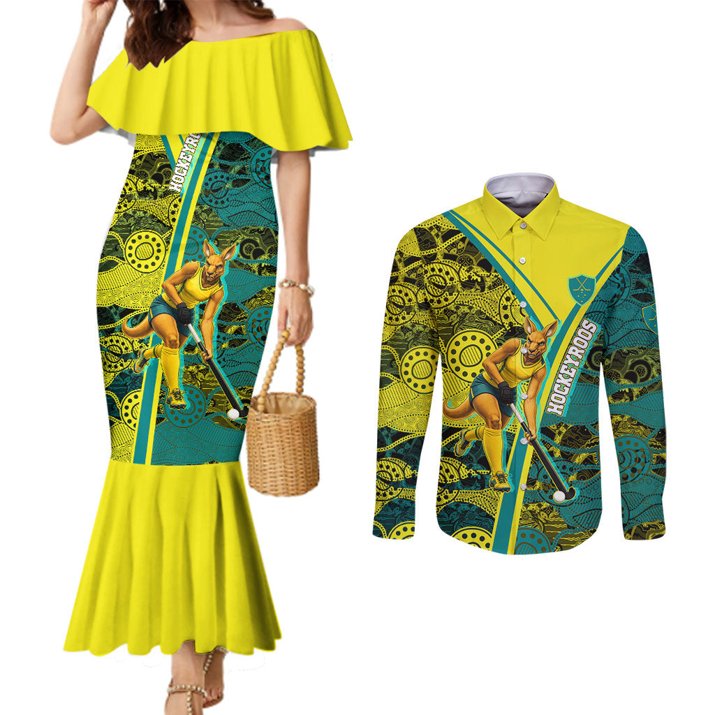 Custom Hockeyroos Kangaroo Field Hockey Couples Matching Mermaid Dress and Long Sleeve Button Shirt Aboriginal Pattern Green Gold Dynamic Athlete Design