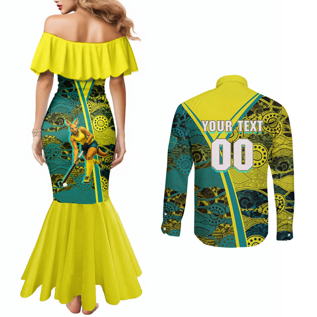 Custom Hockeyroos Kangaroo Field Hockey Couples Matching Mermaid Dress and Long Sleeve Button Shirt Aboriginal Pattern Green Gold Dynamic Athlete Design