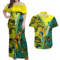 Custom Hockeyroos Kangaroo Field Hockey Couples Matching Off Shoulder Maxi Dress and Hawaiian Shirt Aboriginal Pattern Green Gold Dynamic Athlete Design